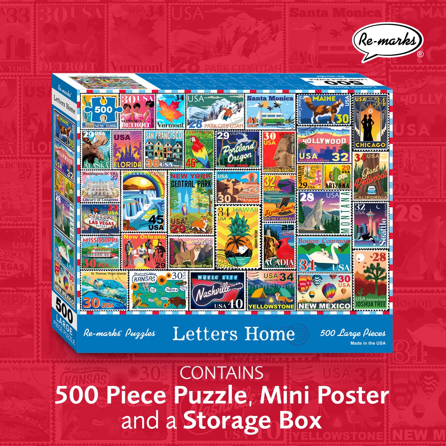 Re-marks Letters Home Stamp Collage Puzzle, 500-Piece Jigsaw Puzzle for All Ages