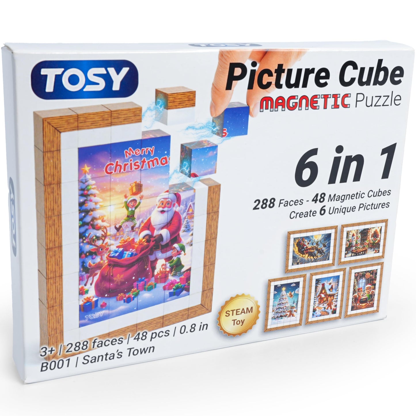 TOSY Picture Cube Santa’s Town: 6-in-1 Magnetic Picture Puzzle, 48 Blocks, 288 Faces/Magnets, 0.8 in, B001, Seamless UV Art, Display-Ready Frame