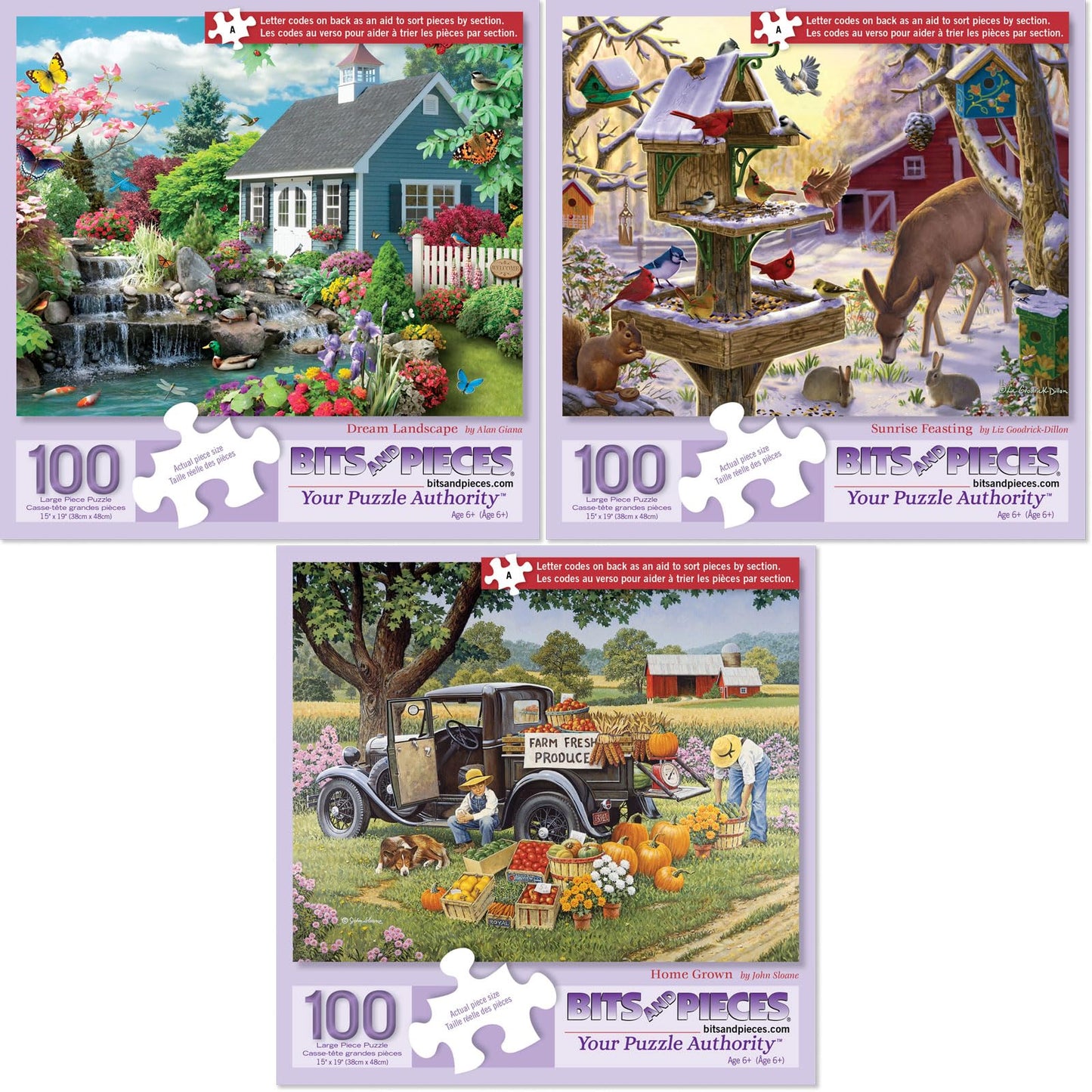 Bits and Pieces 3 Jigsaw Puzzle Set - 100 Piece Puzzles for Adults - Seasonal Fun Set of 3-15" x 19" Jigsaw Puzzles - Farm Animals Winter - Random Die