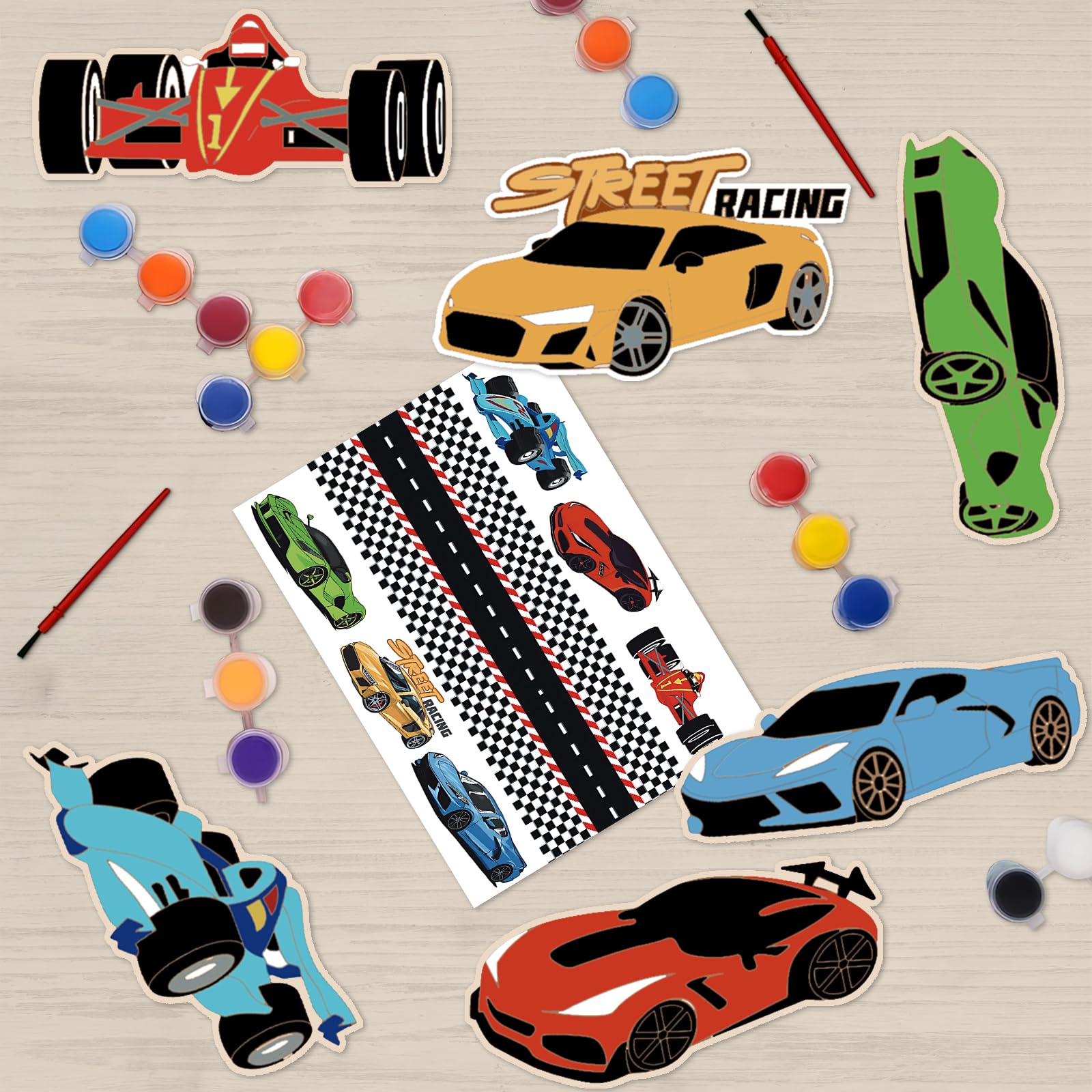 QICI Race Car Wooden Painting Kit Large Race Car Cards with Wood Painting Crafts Bulk -12 PCS Racing Birthday Party Supplies - Thank You for Coming