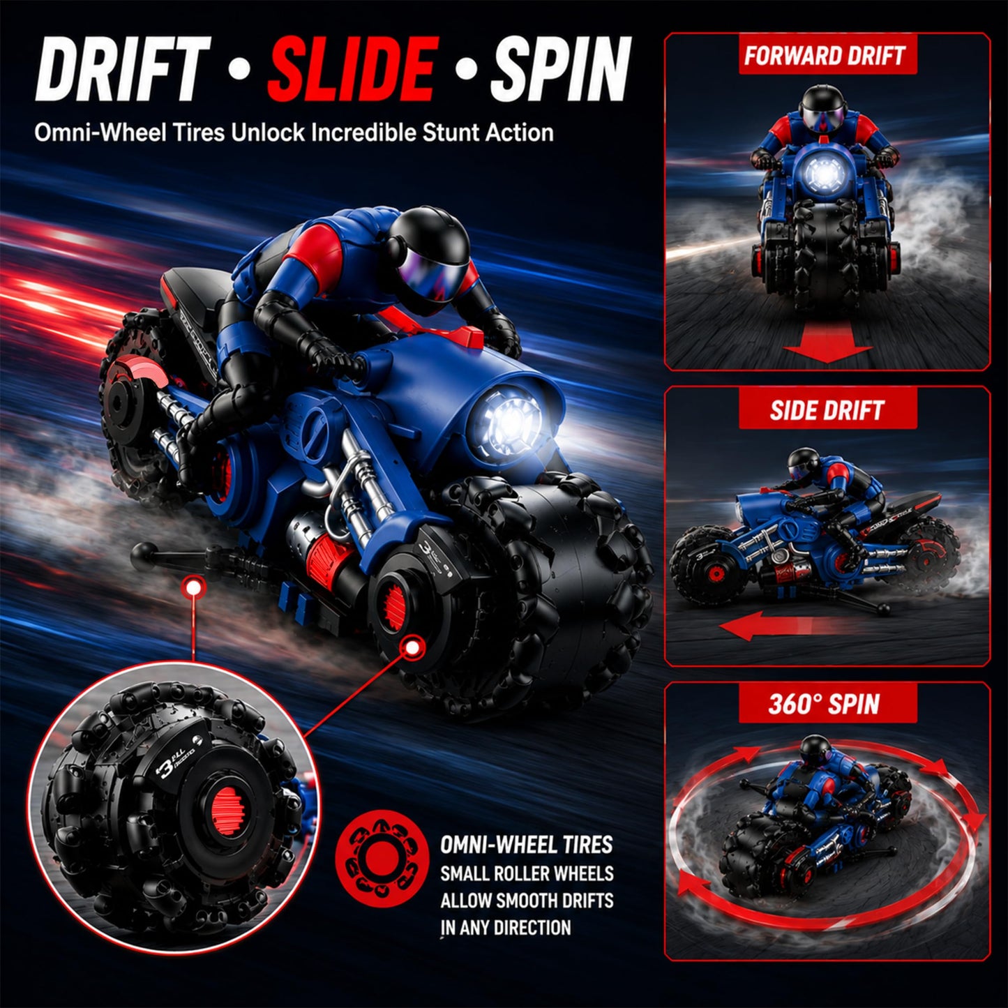 Liberty Imports 2.4Ghz RC Motorcycle Remote Control Stunt Drift Bike Racing Vehicle - 1/10 R/C High Speed Cyclone Motorbike and Riding Figure
