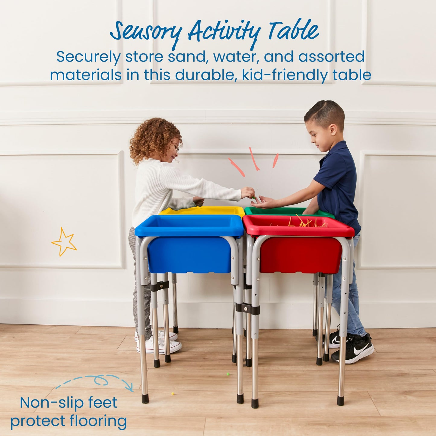 ECR4Kids 4-Station Sand and Water Adjustable Play Table, Sensory Bins, Primary