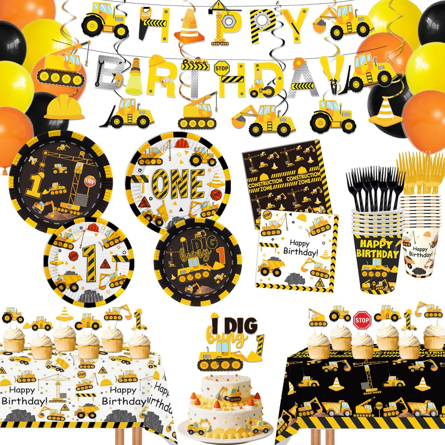 210 Pcs Construction 1st Birthday Decorations - Includes Plates Napkins Cups Cake Cupcake Toppers Banner Hanging Swirls Tablecloths Balloons