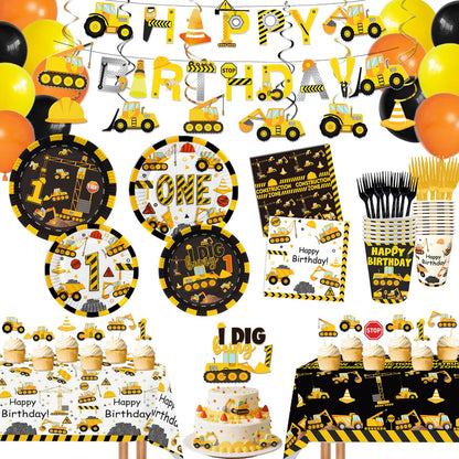 210 Pcs Construction 1st Birthday Decorations - Includes Plates Napkins Cups Cake Cupcake Toppers Banner Hanging Swirls Tablecloths Balloons