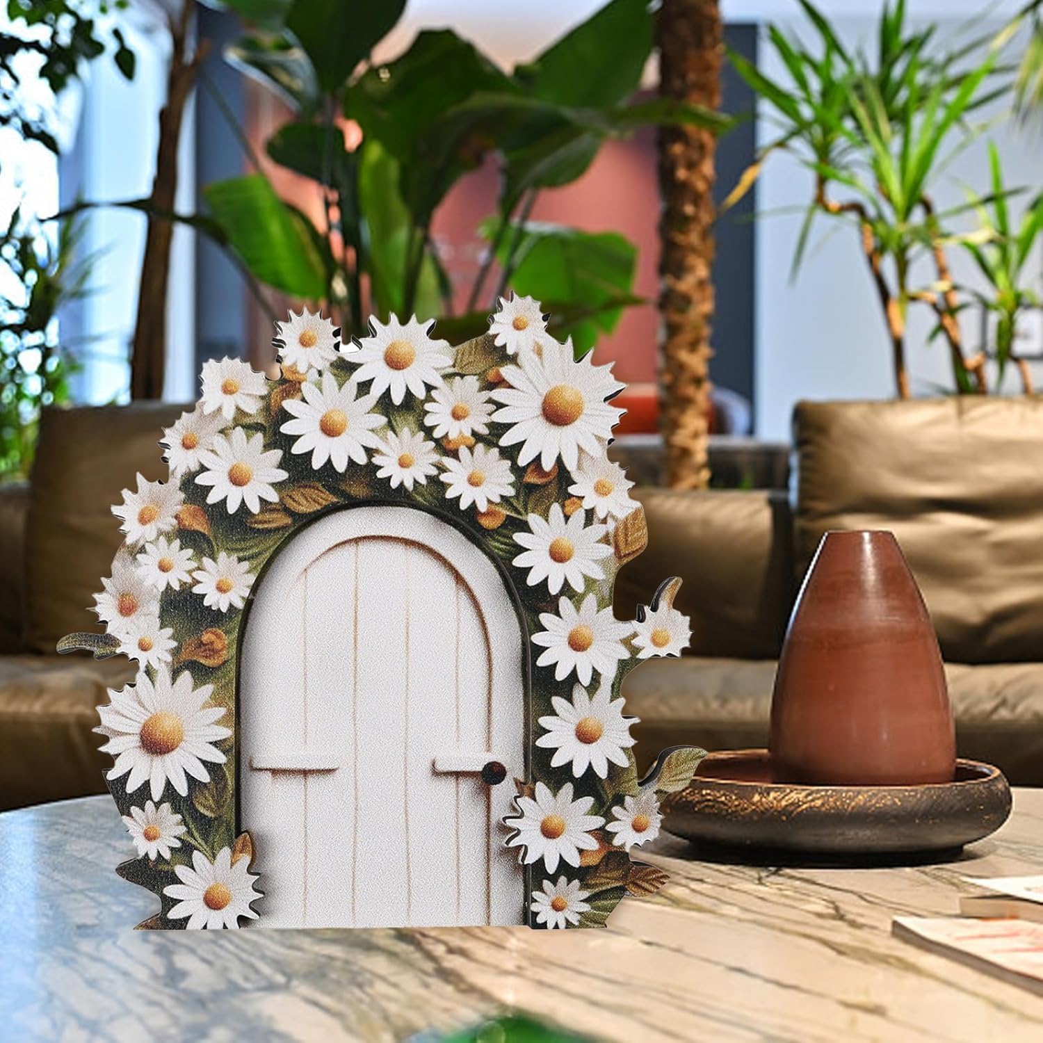 Cauaoa White Daisy Frame Fairy Door, Miniature Fairy Garden Accessories, Glow in The Dark, Outdoor Decor