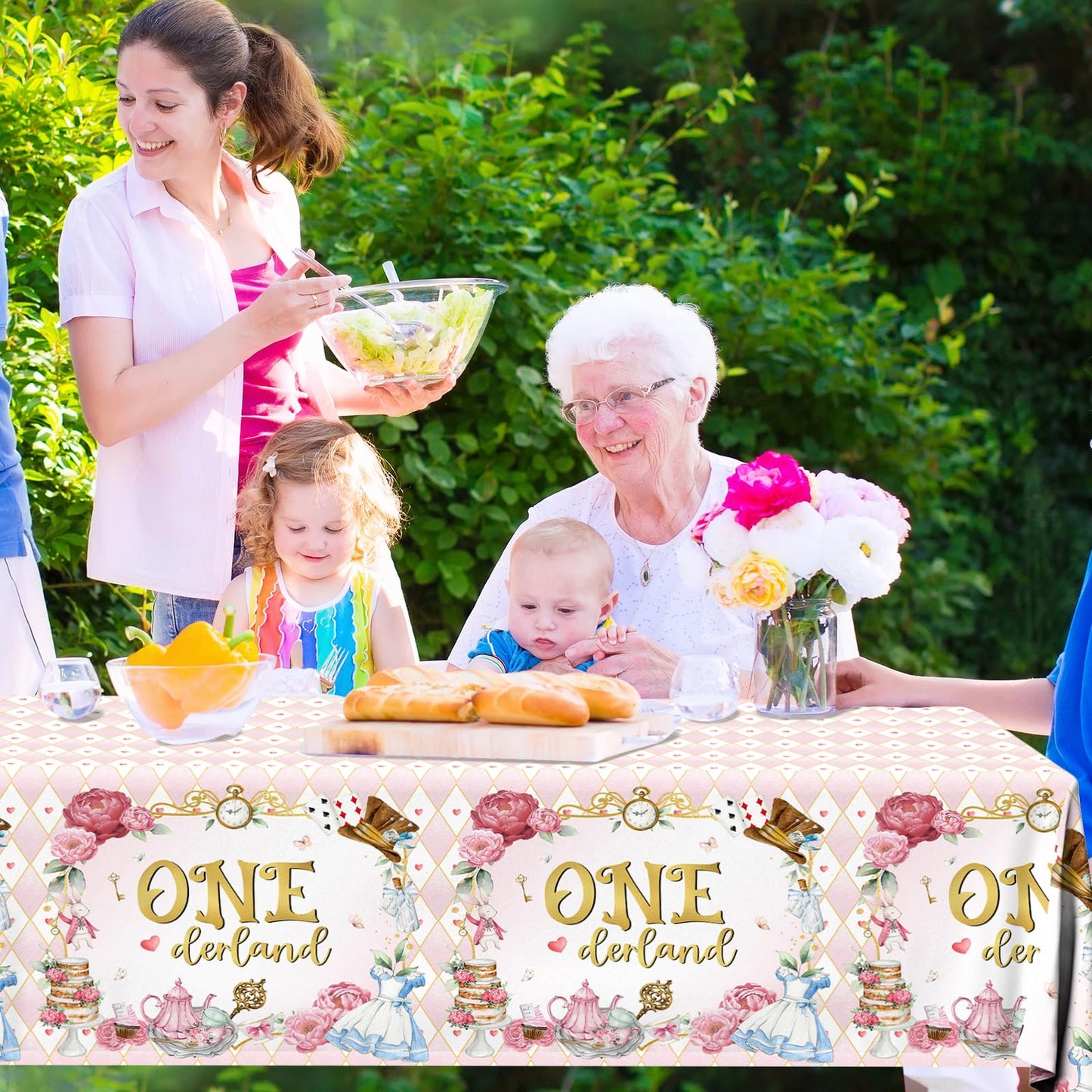 Gumwaqu Wonderland Birthday Tablecloth,Tea Birth-Day Decoration 3pcs Onderland Baby Shower Table Covers,Waterproof Plastic Wonderland 1st Birth-Day