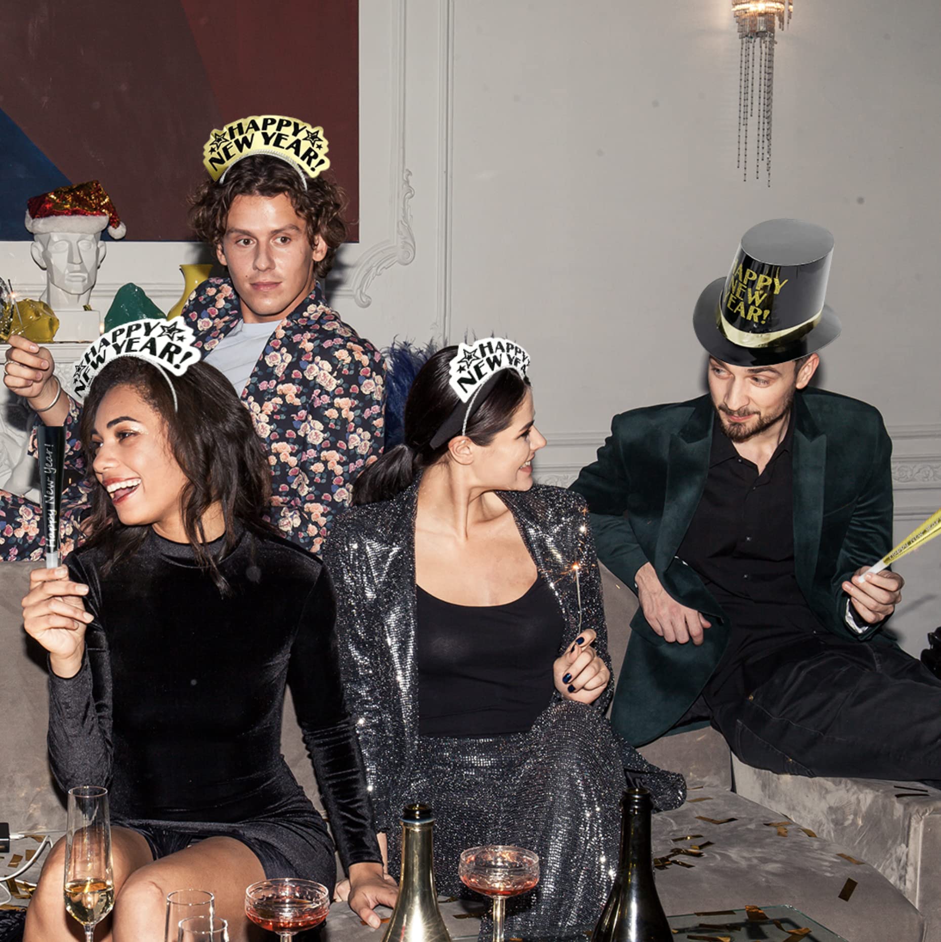 4E's Novelty 20 Pcs New Years Eve Party Supplies 2026- Includes 5 Black Gold New Years Eve Hats, 5 Tiaras, & 10 New Years Eve Noise Makers, Happy New