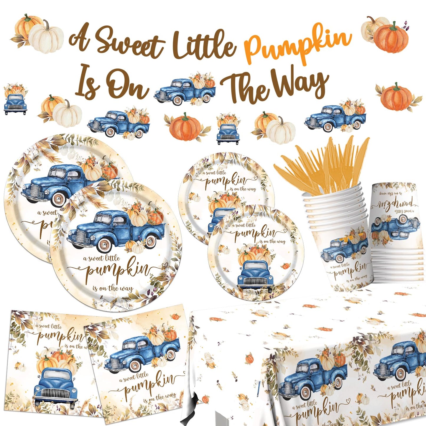 Little Pumpkin Baby Shower Decorations, 142pcs A Sweet Little Pumpkin Is On The Way Banner Pumpkin Plates and Napkins Boy Blue Truck Boho Thanksgiving