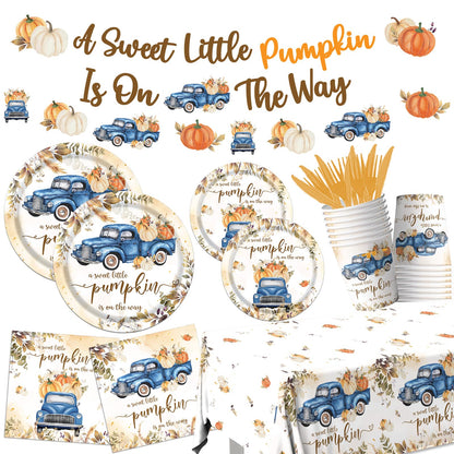 Little Pumpkin Baby Shower Decorations, 142pcs A Sweet Little Pumpkin Is On The Way Banner Pumpkin Plates and Napkins Boy Blue Truck Boho Thanksgiving