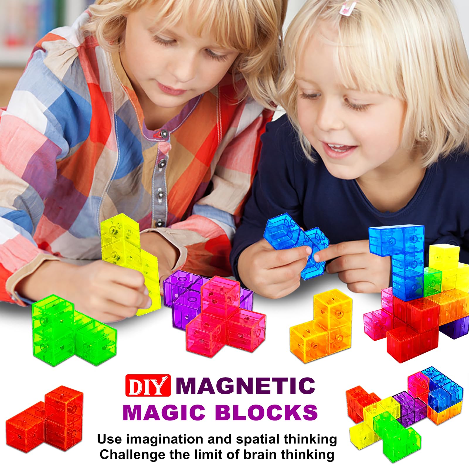 OUXIA Magnetic Building Blocks Magic Magnetic 3D Puzzle Cubes, Set of 7 Multi Shapes Magnetics Blocks with 54 Guide Cards, Children's Educational Toys