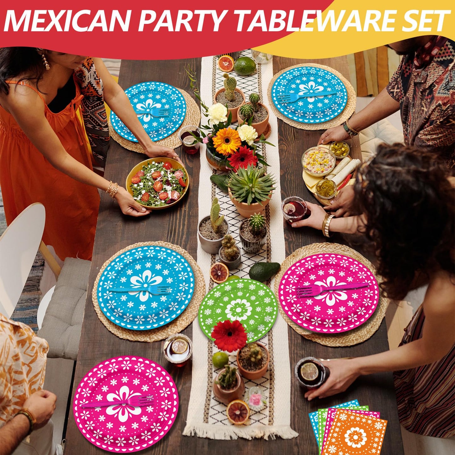 96 Pcs Mexican Fiesta Party Supplies Set, Serves 24 - Colorful Papel Picado Floral Paper Plates, Napkins, and Forks, Disposable Tableware for Cinco de