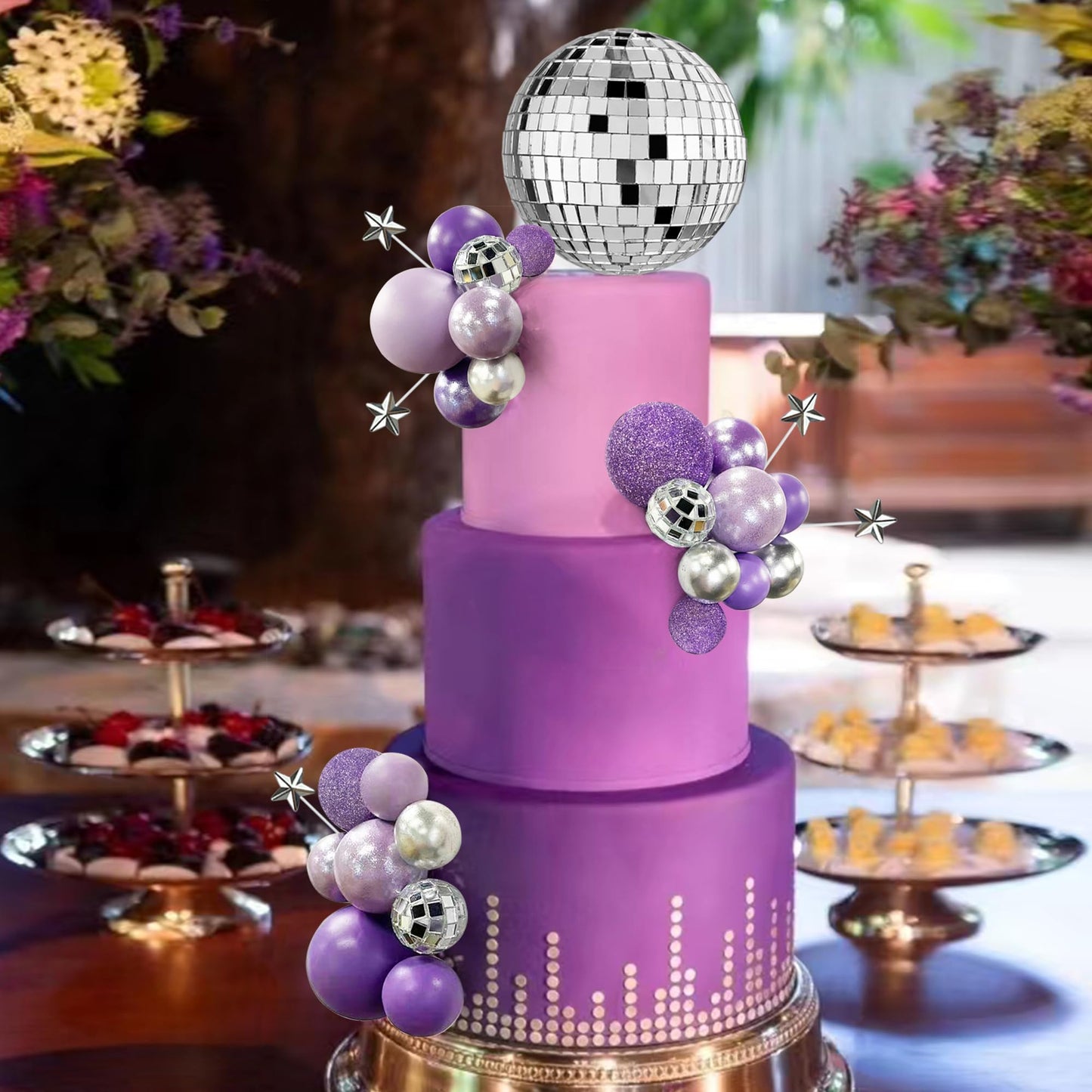 32PCS Disco Purple Ball Cake Topper Decoration for Wedding Birthday Baby Shower Party Cake Decoration Supplies