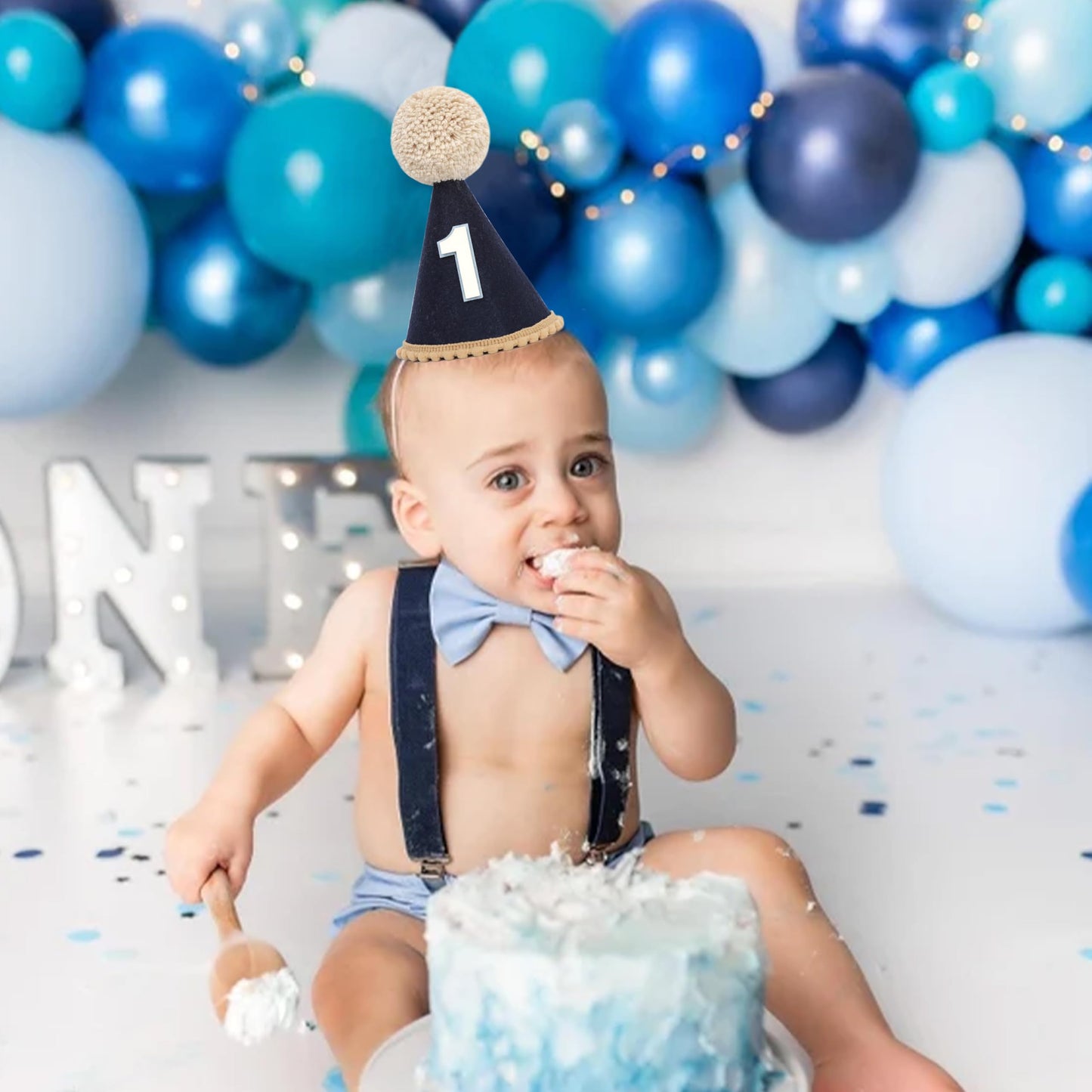 RSOLIET Blue 1st Birthday Hat - 1st Birthday Party Decoration A deep blue party crown Baby's 1st birthday cake smash decoration (1st)