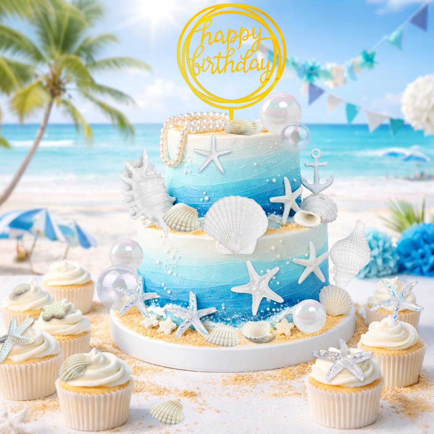 33PCS Shells Cake Toppers Beach Theme Wedding Birthday Cake Decorations Artificial Starfish for Summer Hawaiian Party