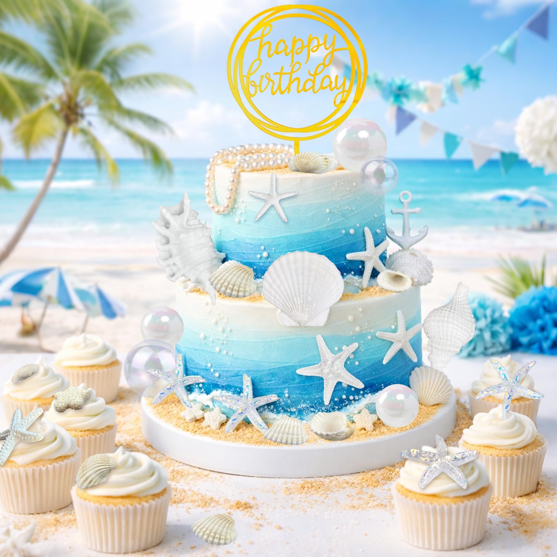33PCS Shells Cake Toppers Beach Theme Wedding Birthday Cake Decorations Artificial Starfish for Summer Hawaiian Party