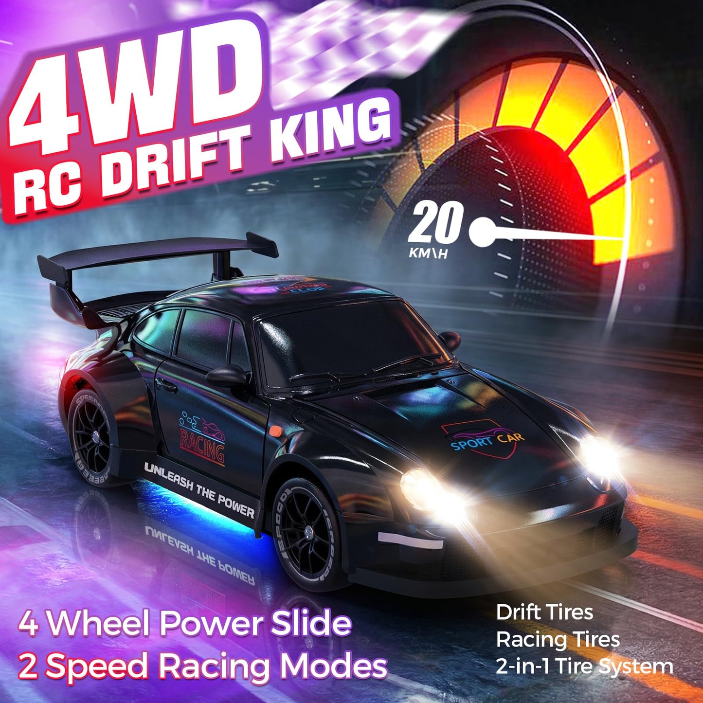 RC Drift Car, 1:24 Remote Control Car with LED Lights, 3 Batteries Black
