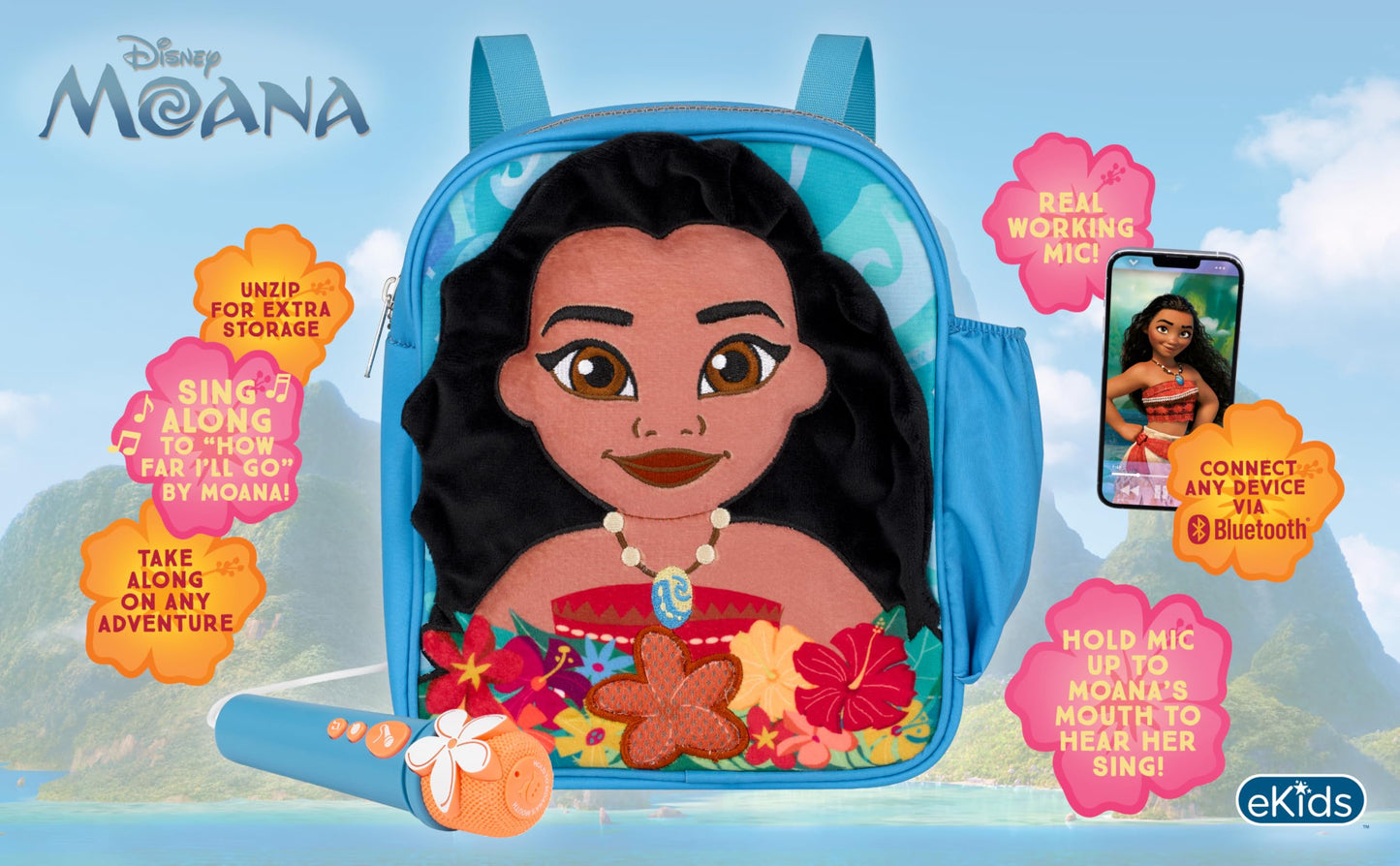 eKids Moana Karaoke Microphone for Kids, Bluetooth Boombox with Built-in Music, Designed for Fans of Moana Toys