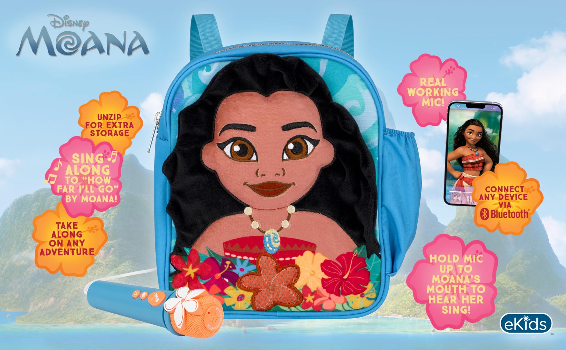 eKids Moana Karaoke Microphone for Kids, Bluetooth Boombox with Built-in Music, Designed for Fans of Moana Toys