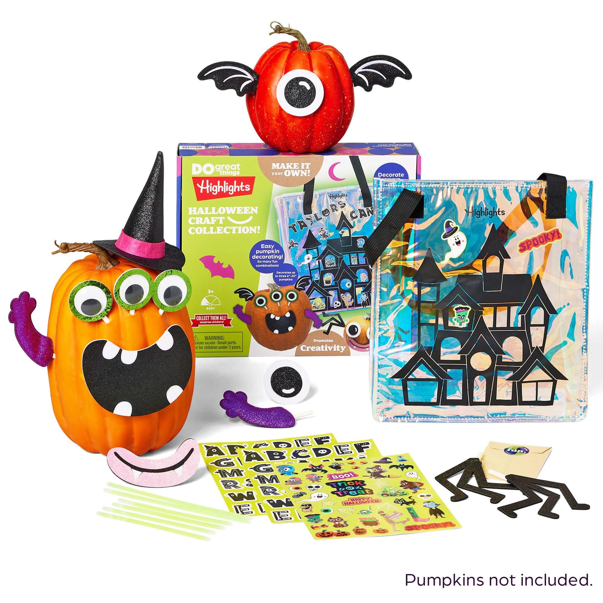 Highlights Halloween Craft and Book Bundle for Kids Ages 3-6, Customize a Glow-in-The-Dark Trick-or-Treat Tote Bag, Halloween Puffy Sticker Playscenes