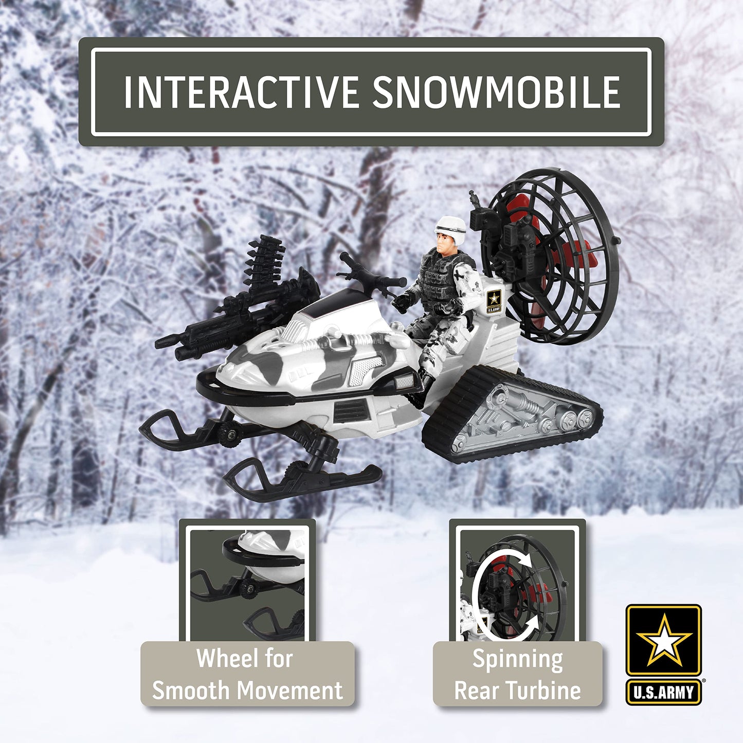 Lollipop United States Army Action Figures & Kids Snowmobile Military Toys Set w/ Snow Mobile, Soldier, Weaponry & Play Vehicle Accessories, 3+