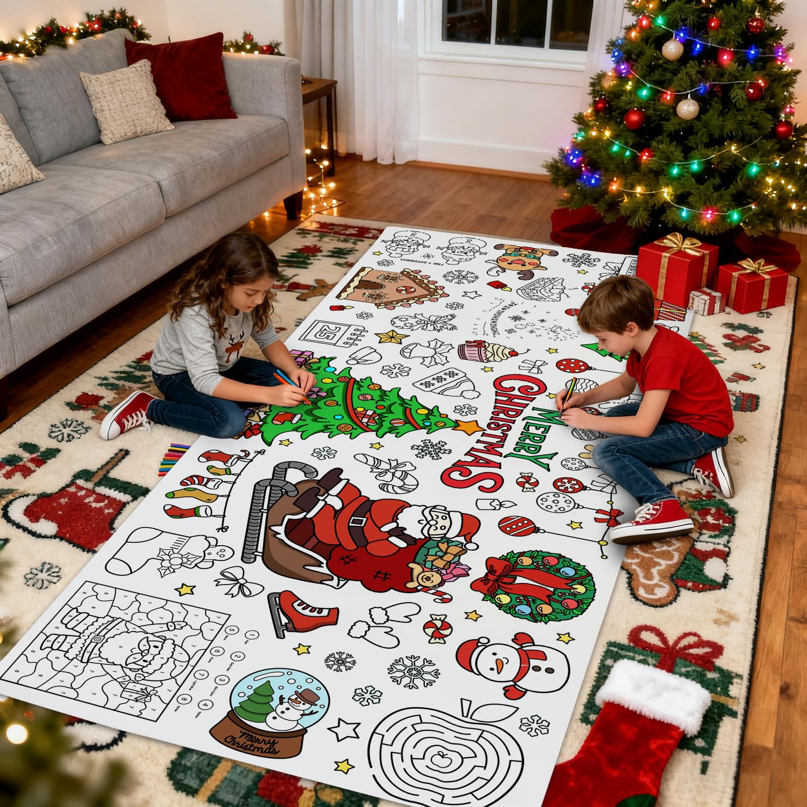 GULWAT Christmas Coloring Poster/Tablecloth 30 x 72 Inches Giant Merry Christmas Party Disposable Coloring Tablecloth for Kids Xmas Paper Favors Xmas