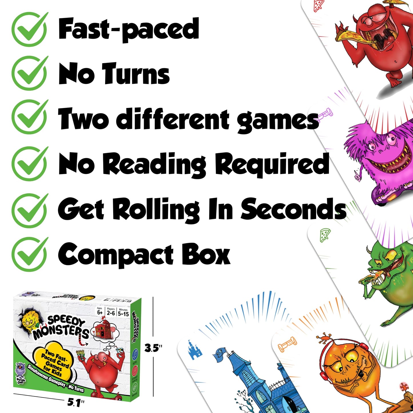 THE PURPLE OWL Speedy Monsters - Card Games for Kids Ages 4-8, Fast-Paced and Easy to Learn. Fun, Colorful Monster Match Game. No Reading Required. No