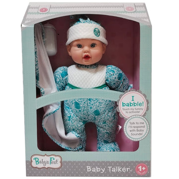 Goldberger Baby's First Baby Talker Interactive Baby Doll with Teal Outfit & Matching Cap