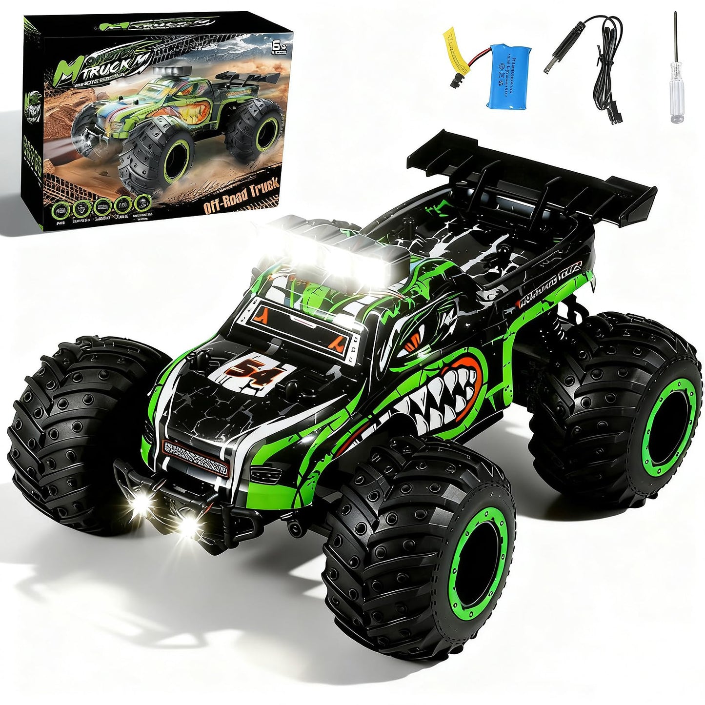 Ufilni Remote Control Monster Truck for Kids: Off-Road RC Car with Headlights & Body Lights, 1:18, 20 km/h, 2WD, 2.4 GHz, All-Terrain, Rechargeable