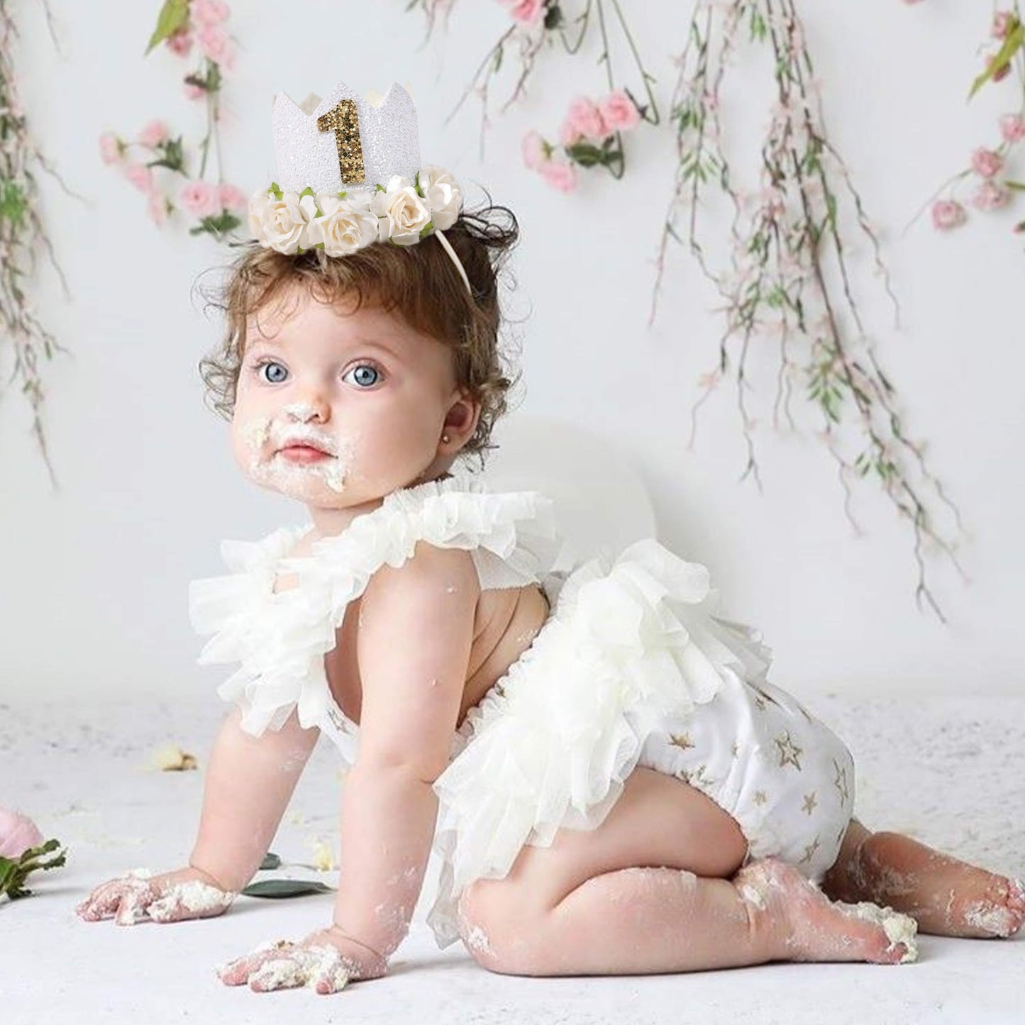 ZZDCMS White Floral 1st Birthday Crown - Baby Girls 1st Year Birthday Party Decorations,White, Glitter,Baby Shower Baptism Party Supply Hat Outfit