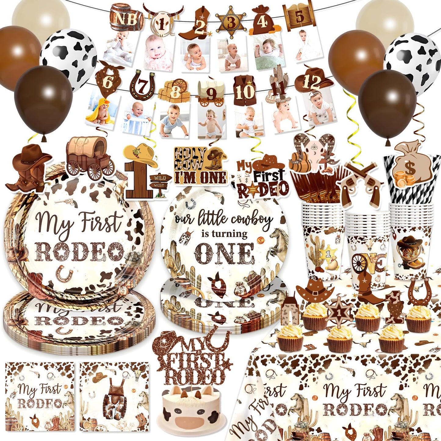 180 PCS My First Rodeo Decorations Boy, First Rodeo Birthday Decorations Tableware Set with Banner Cake Topper Cupcake Toppers Tablecloths Plates