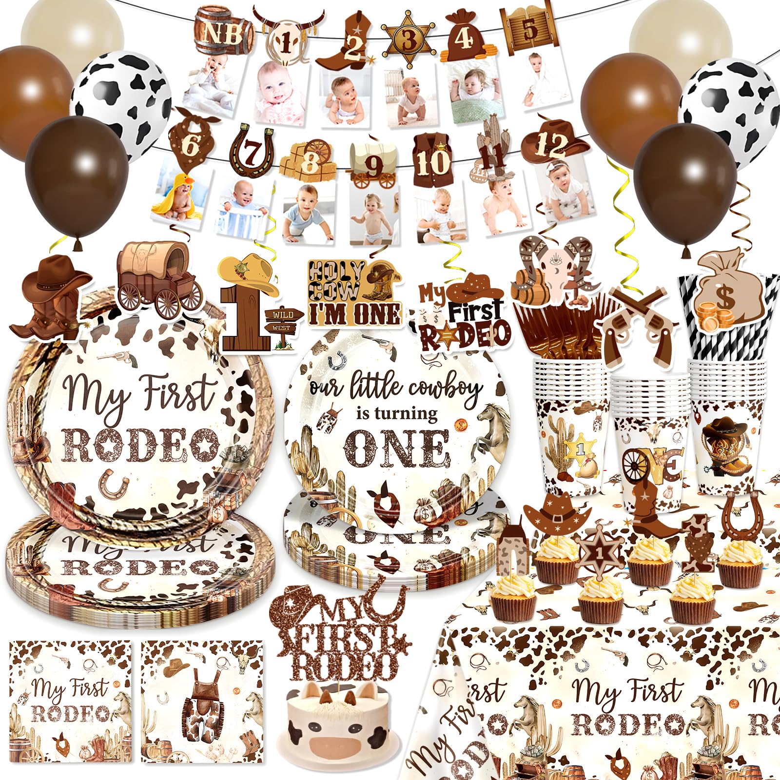 180 PCS My First Rodeo Decorations Boy, First Rodeo Birthday Decorations Tableware Set with Banner Cake Topper Cupcake Toppers Tablecloths Plates