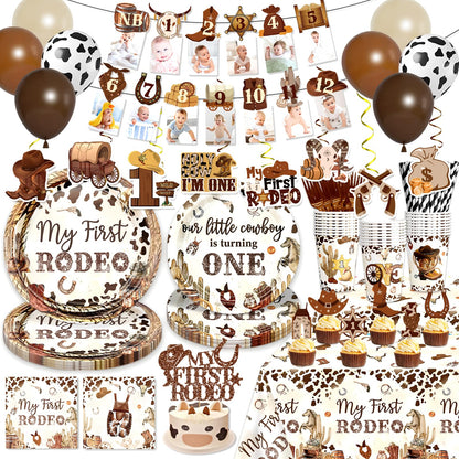 180 PCS My First Rodeo Decorations Boy, First Rodeo Birthday Decorations Tableware Set with Banner Cake Topper Cupcake Toppers Tablecloths Plates
