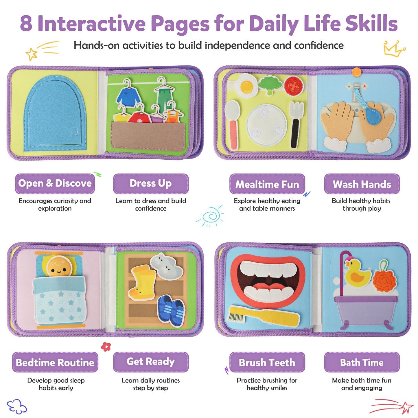 VAXRINO Busy Book for Toddlers 1-3,Montessori Daily Life Felt Activity Book