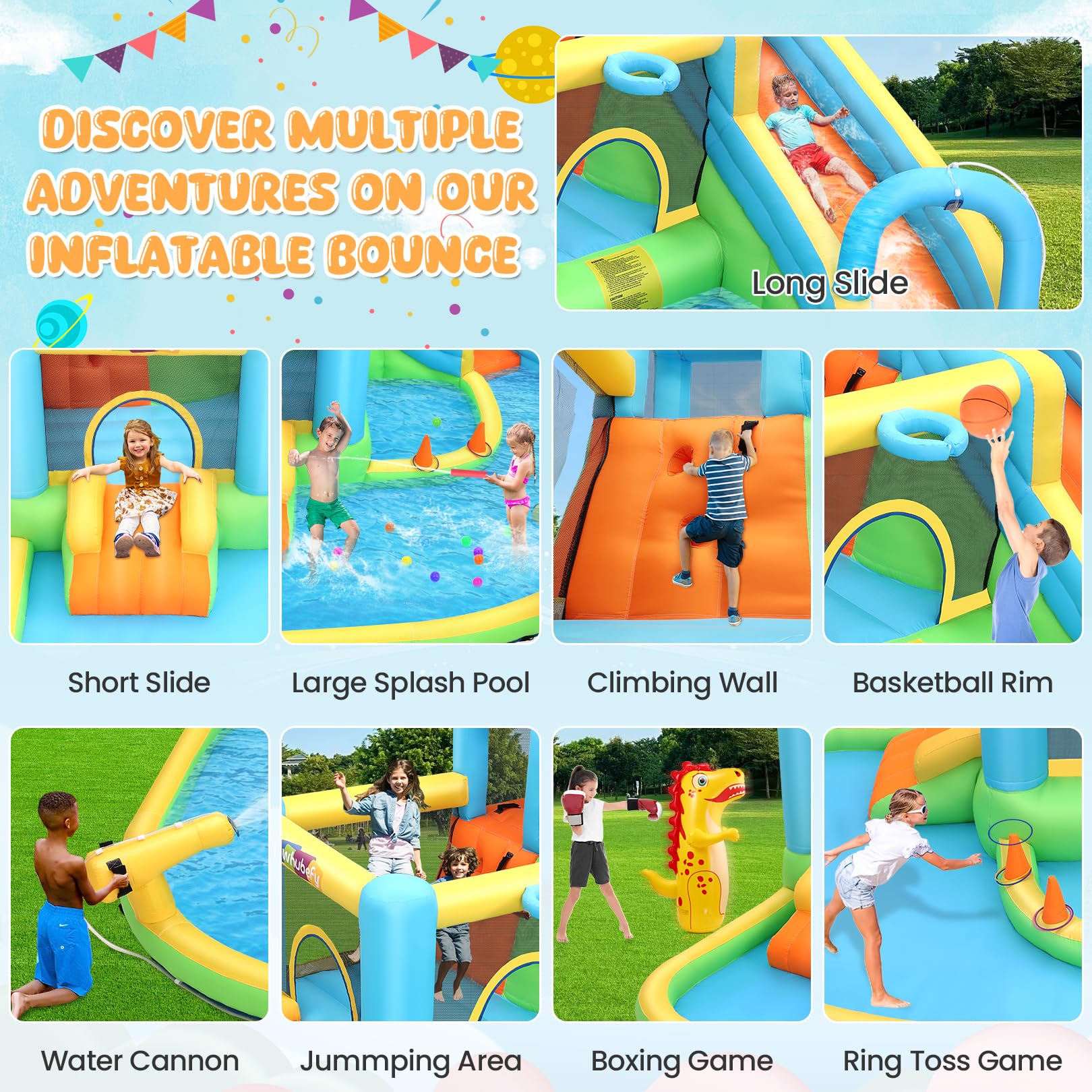 12-in-1 Inflatable Water Slide Bounce House for Big Kids, Waterslide Backyard 14.1x12Ft Waterpark with Jump Area/Catch Ball/Toss Rings, PVC Water
