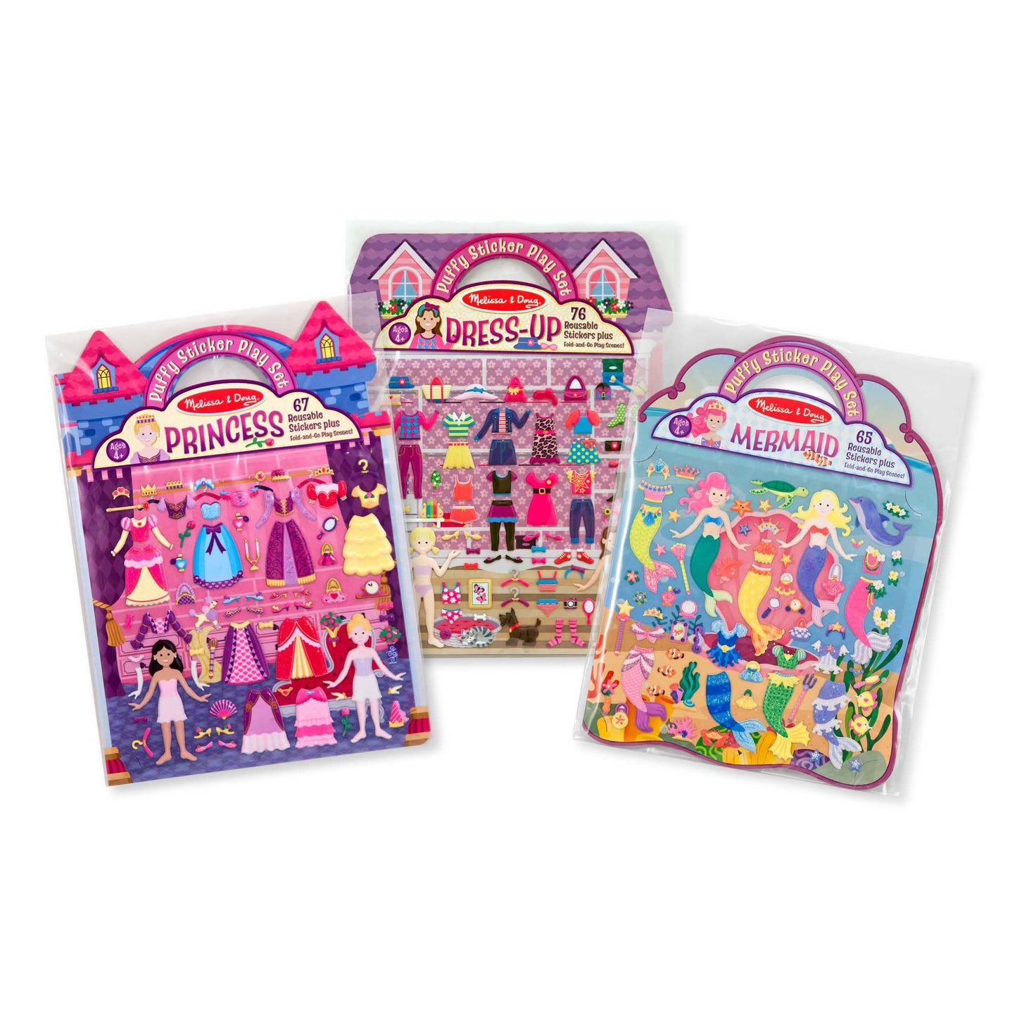 Melissa & Doug Puffy Sticker Activity Books Set of 3 - Dress-Up, Princess & Mermaid, with 208 Reusable Stickers and Fold-Out Scenes, Mess-Free Travel