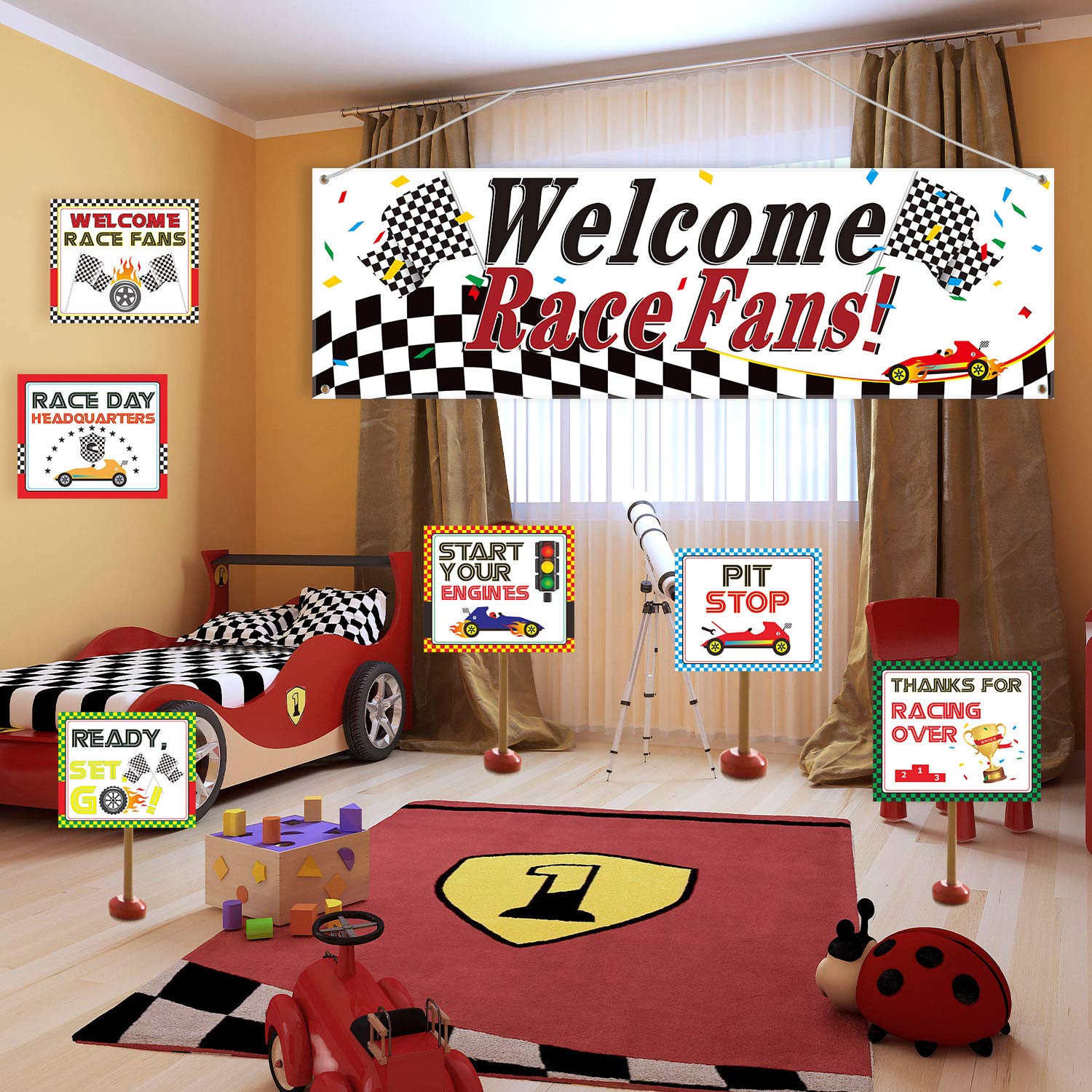 Blulu Racing Party Decorations Welcome Race Fans Banner Racing Party Suppliers Race Car Banner Garland Backdrop Photo Booth Props Car Birthday