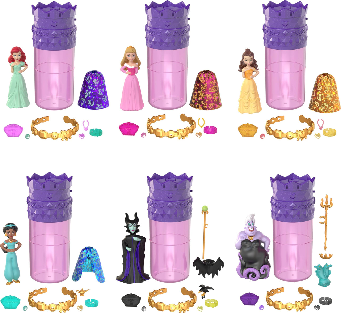 Mattel Disney Princess Toys, Small Doll Surprise, Royal Color Reveal, 6 Surprises Include Doll, Bracelet & 4 Pieces, Princess or Villain Series (Dolls