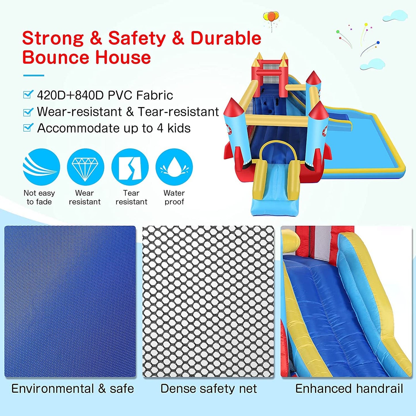 HYPOAI Bounce House,Inflatable Bounce Castle with Blower for Kids 3-12,Outdoor/Indoor Bouncy House Water Park for Backyard with 2 Splash