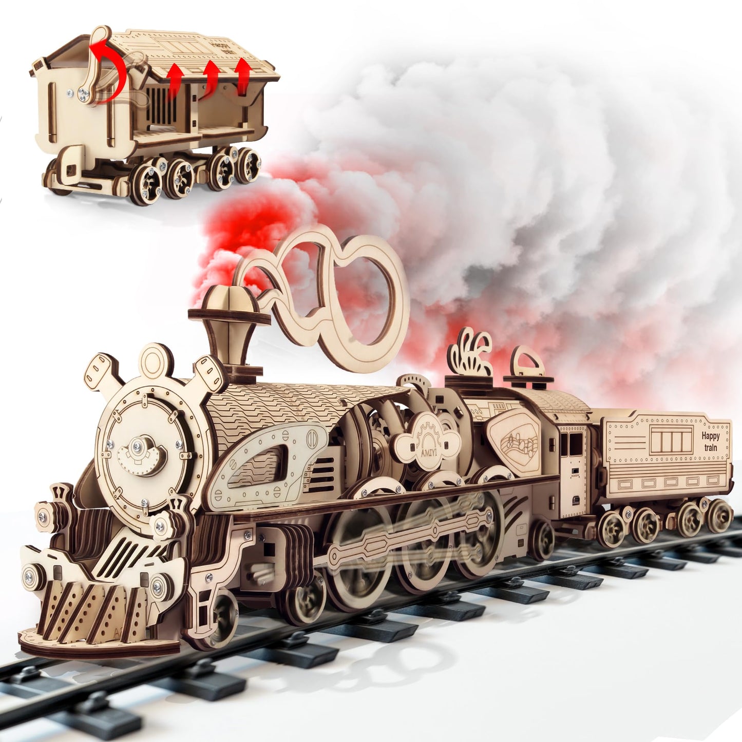 Fuiltee 3D Wooden Puzzles for Adults, DIY Mechanical Train Model Kit, Movable Model Train, Removable Carriages, Unique Gift for 14+ Teens and Adults