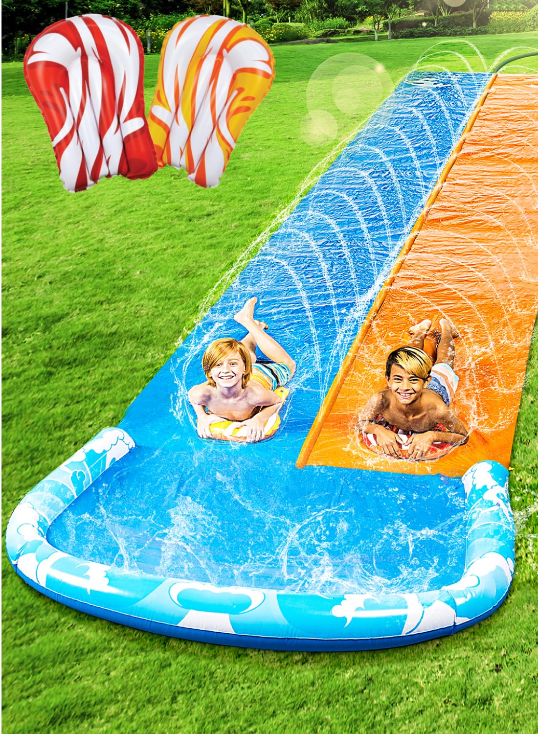 JOYIN 22.5ft Water Slides and 2 Bodyboards, Lawn Water Slide Summer Slip Waterslides Water Toy with Build in Sprinkler for Backyard Outdoor Water Fun