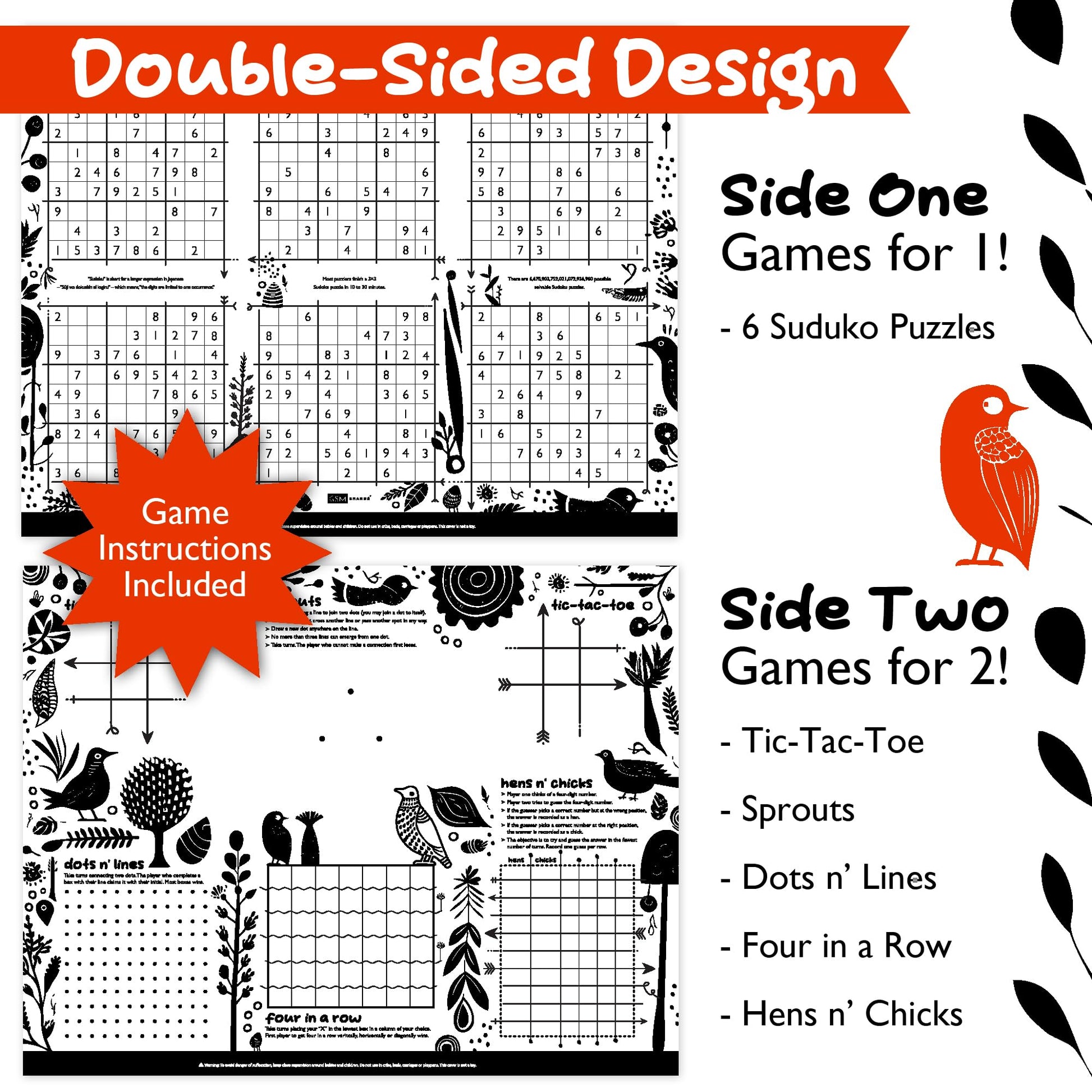 GSM Brands Disposable Airplane Tray Table Cover (Pack of 20) - Double Sided with 12 Games - Opaque White
