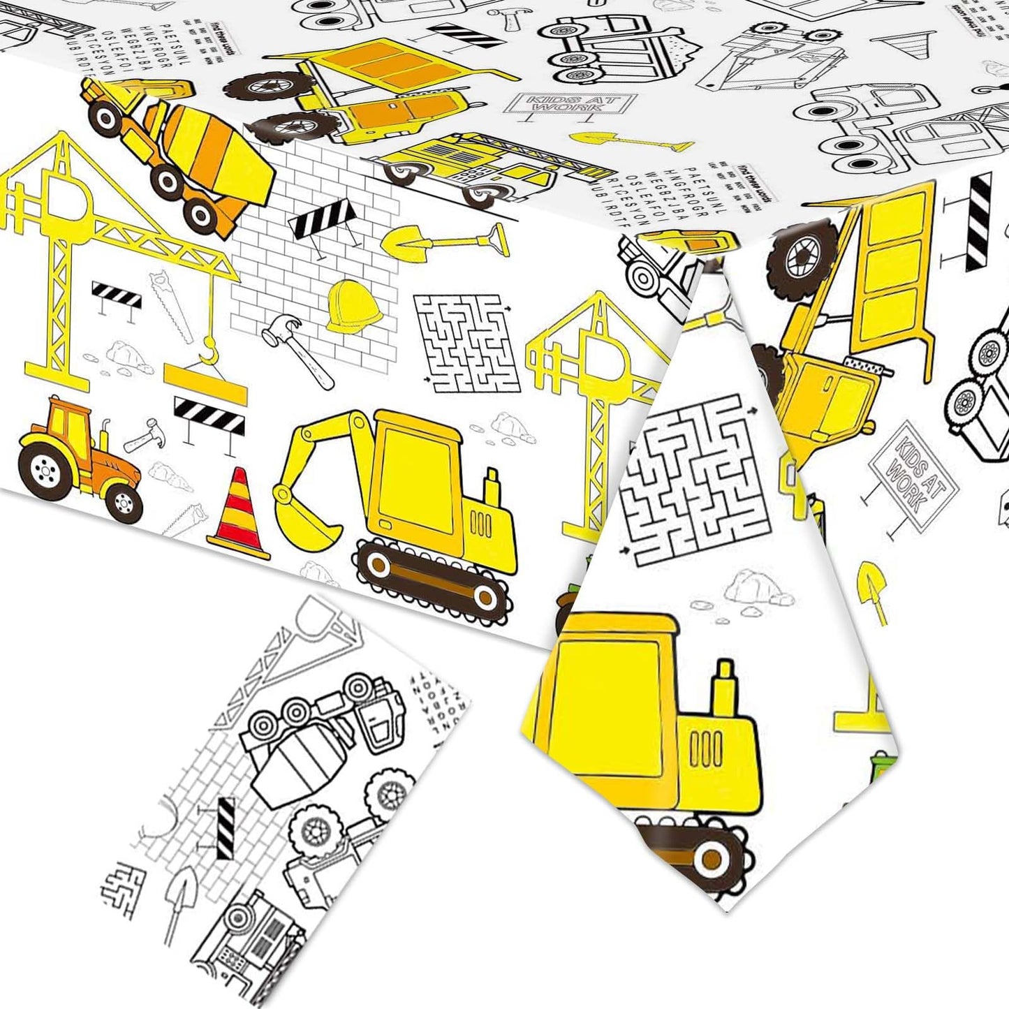 Broeify Giant Construction Coloring Tablecloth - 54"x108" Disposable Paper Table Cover Poster with Excavators, Dump Trucks, and Cranes for Birthday