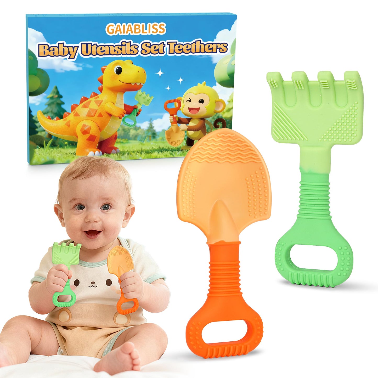 Baby Teething Toys, Baby Garden Teether Toys Shovel & Rake Silicone Teethers for Babies 0-6 6-12 Months, Multi-Texture Gum Massage Teething Relief