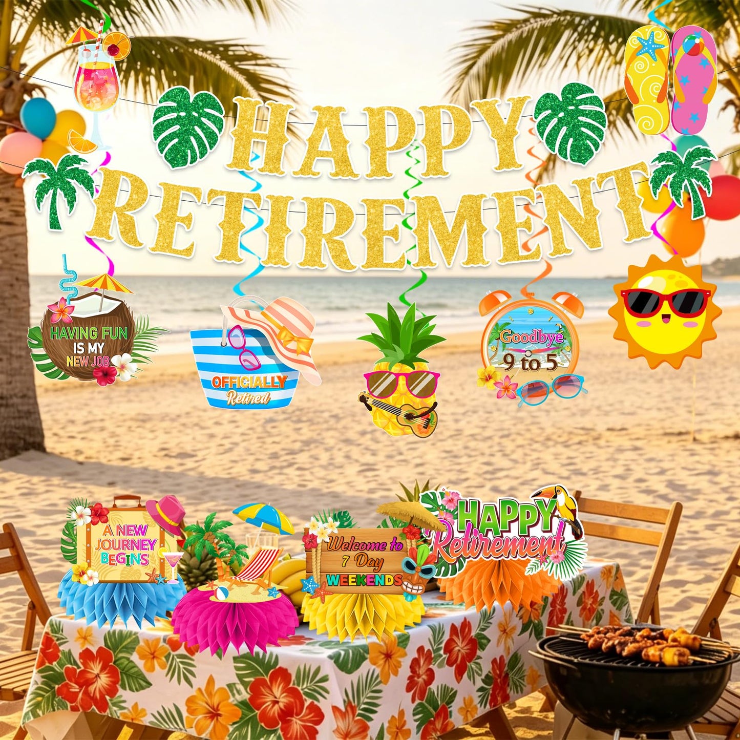 Beach Retirement Party Decorations, Aloha Retire Party Decorations includes Happy Retirements Banner Tropical Hawaiian Retirement Party Decorations
