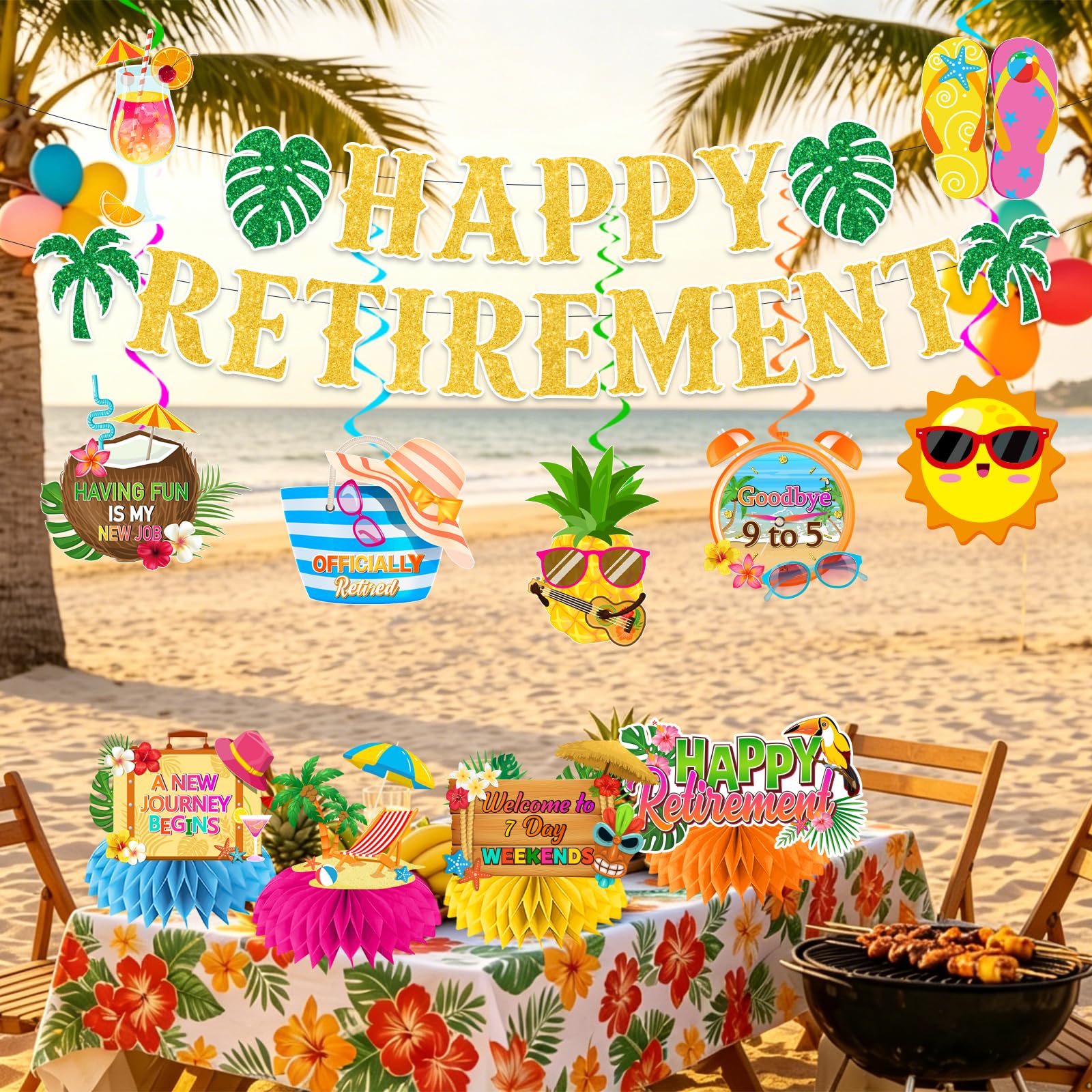 Beach Retirement Party Decorations, Aloha Retire Party Decorations includes Happy Retirements Banner Tropical Hawaiian Retirement Party Decorations