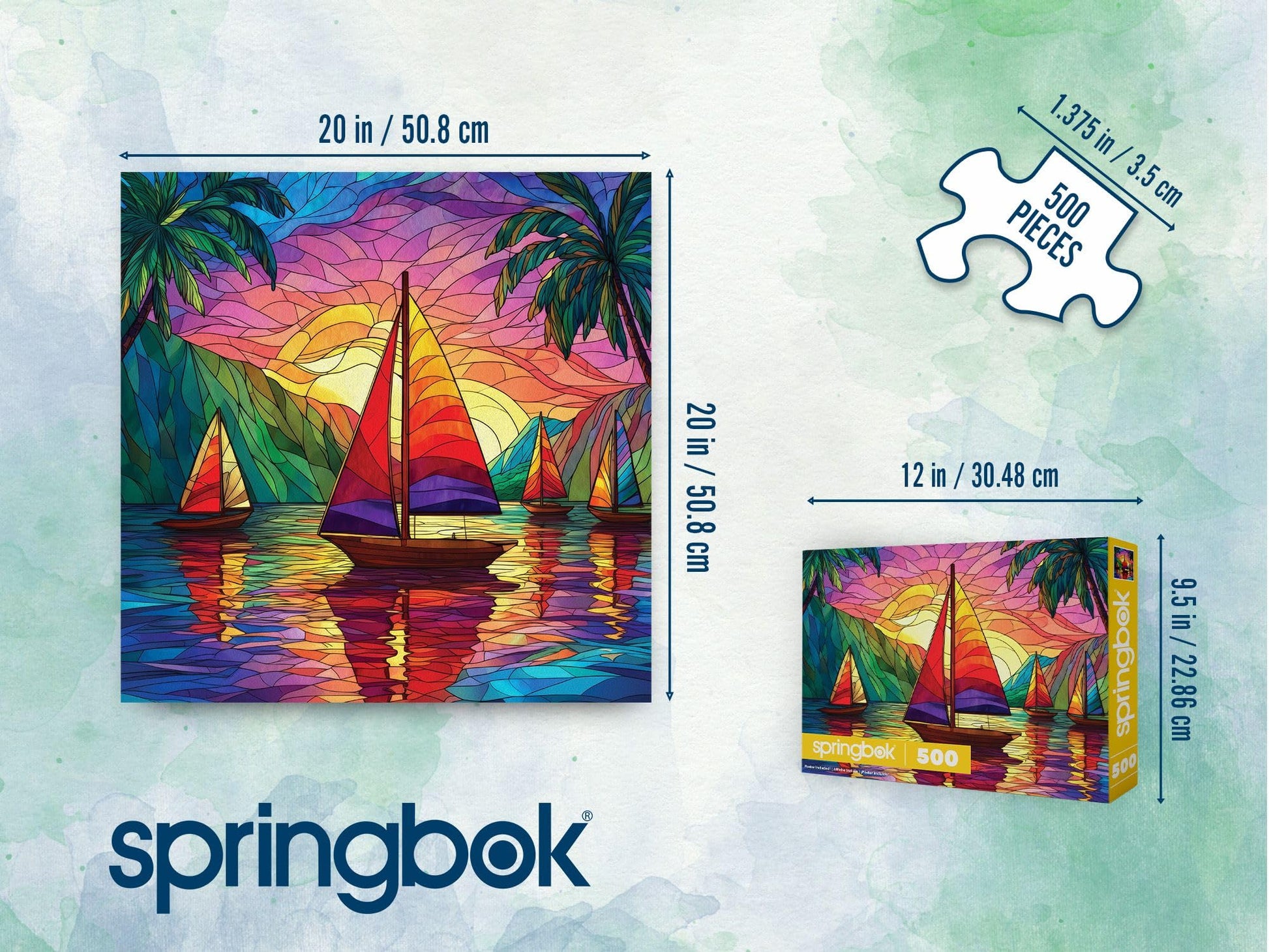 Springbok Tropical Sailing 500 Piece Square Jigsaw Puzzle for Adults - Poster Now Included - Stained Glass Sail Boat - Unique Cut Pieces - Made in USA