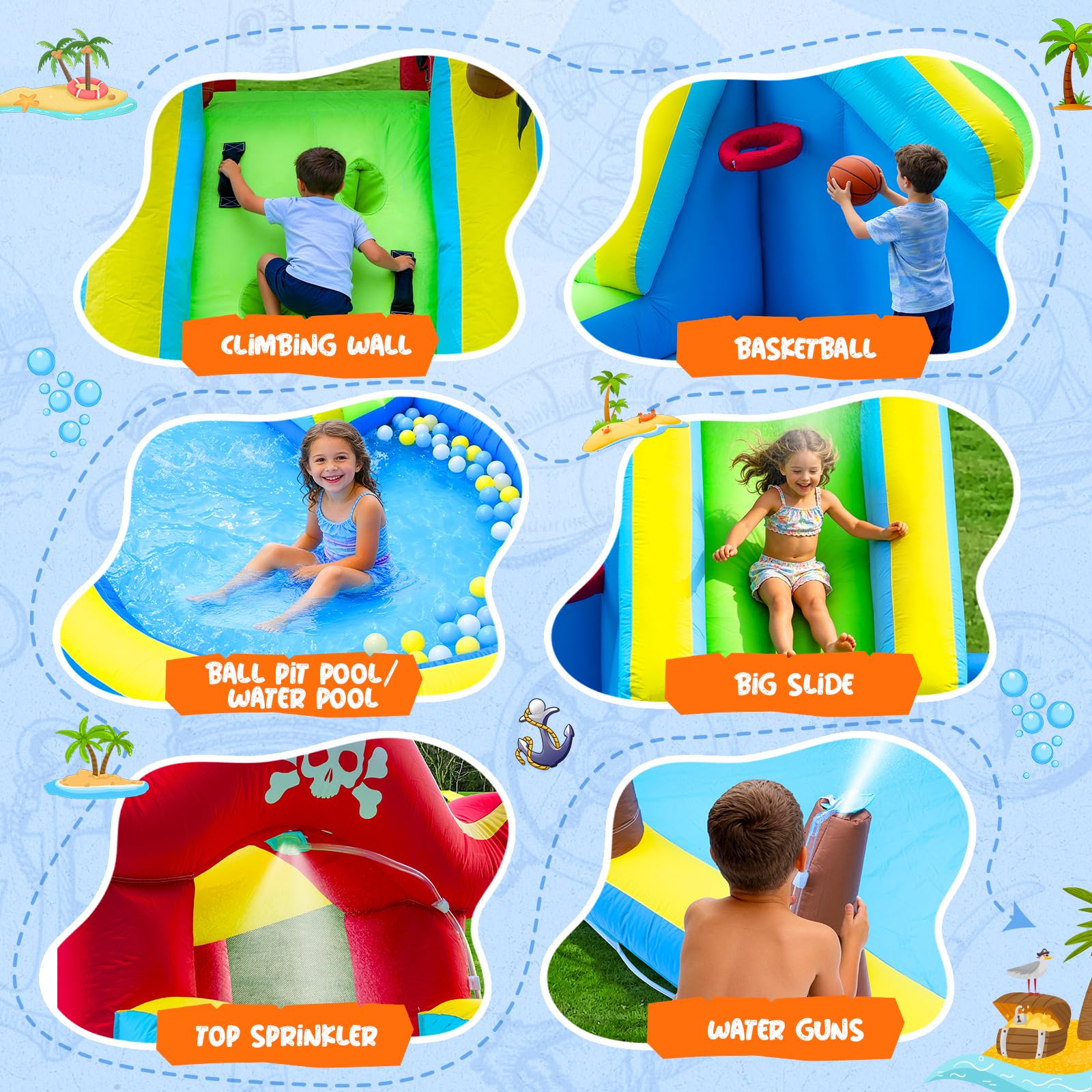 Inflatable Water Slide for Kids, 6 in 1 Inflatable Water Park with Blower, Climbing Wall, Water Gun, Splash Pool, Basketball Hoop, Blow Up Water Slide