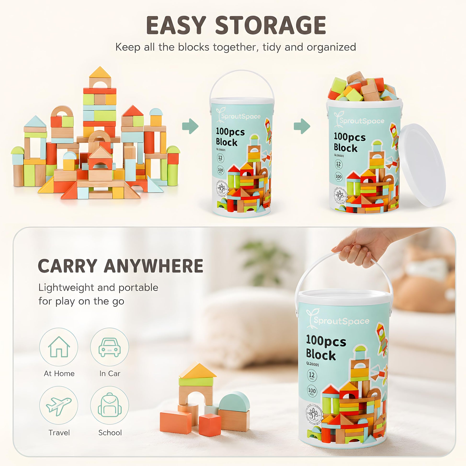 SproutSpace 100pcs Building Blocks for Toddlers 1-3, Wooden Blocks for Kids with Storage Bucket and Shape Sorter, Stacking Toys or 1 2 3 Year Old