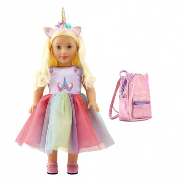 DOLLFUN 18 inch Doll Clothes and Accessories, Unicorn Dress Set Includes Shoes, Unicorn Headbands & Backpack(Compatibie with Most 18 Inch Doll)
