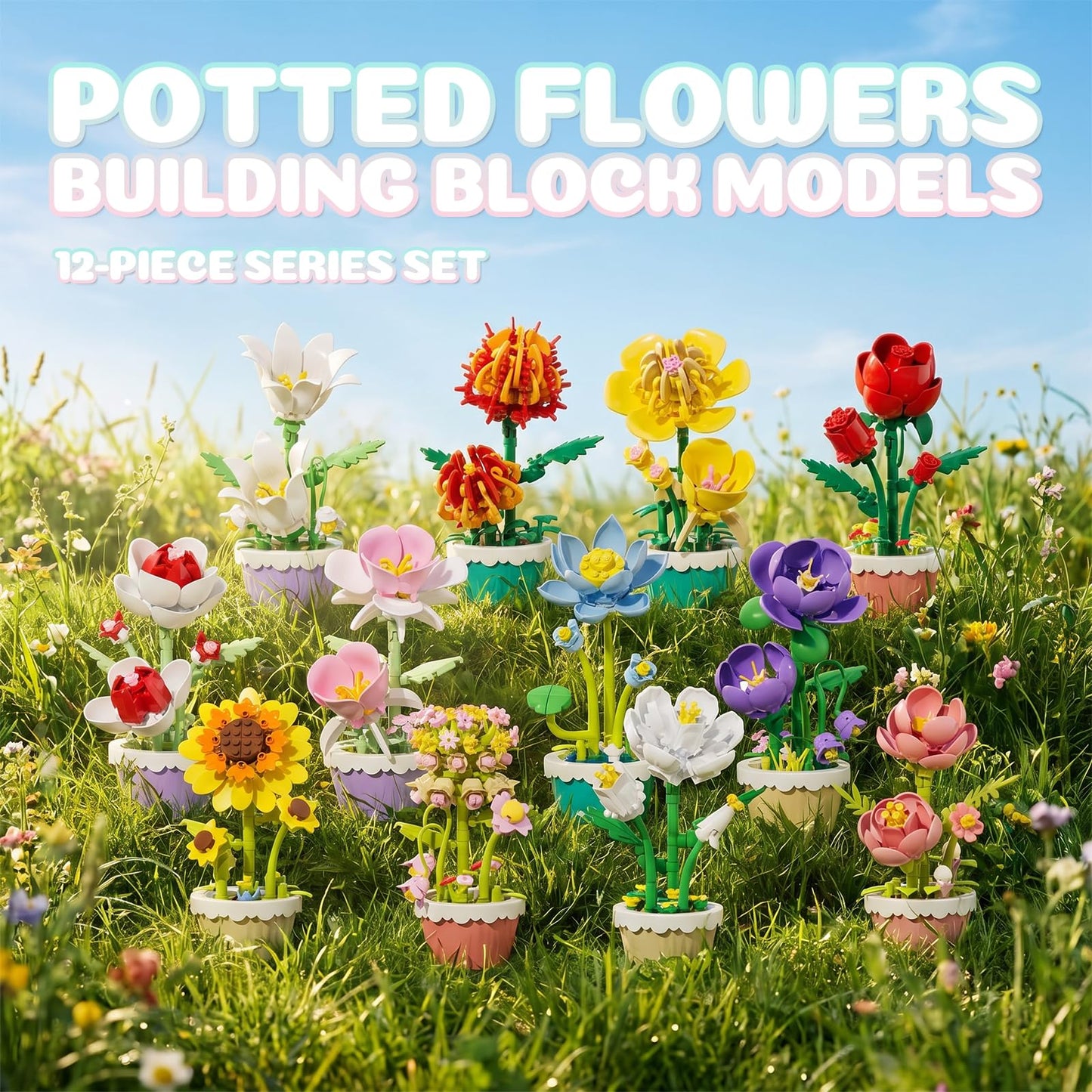 FNSJFYZS Flower Building Blocks, 12 PCS Assorted Mini Flower Pot Building Set, Artificial Flowers Botanical Collection for Home Decor, Birthday Gifts